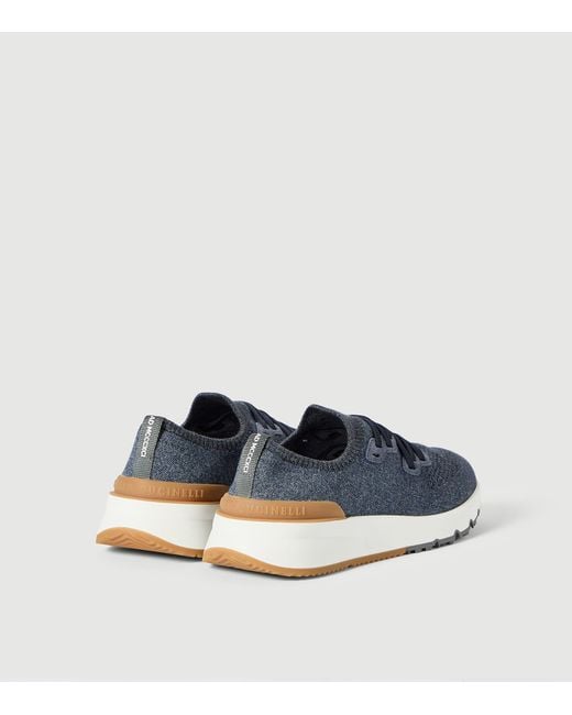 Brunello Cucinelli Blue Cotton-Blend Chiné-Knit Sneakers for men