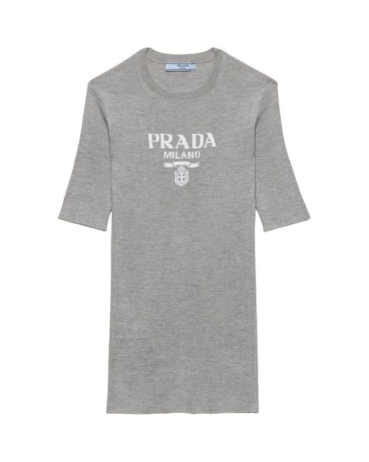 Prada Gray Silk Logo Longline T-Shirt