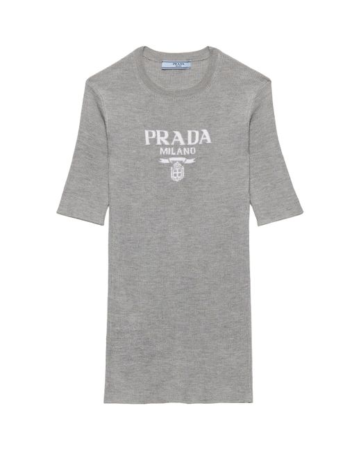 Prada Gray Silk Logo Longline T-Shirt