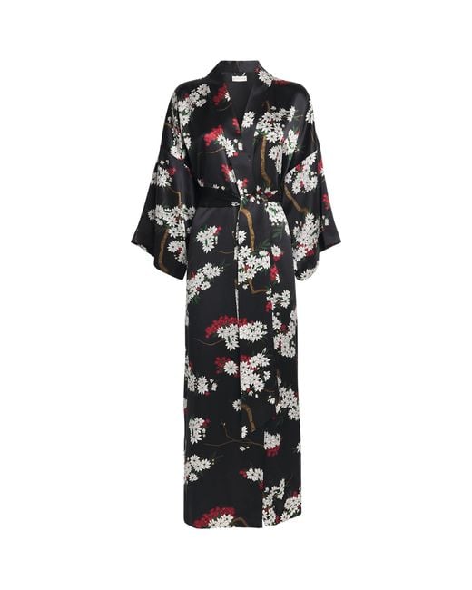 Olivia Von Halle Black Silk Floral Queenie Night Robe