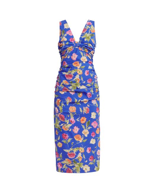 Carolina Herrera Blue Poppy Print Sleeveless Midi Dress