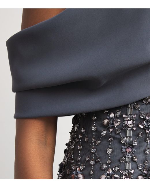 Pamella Roland Blue Embellished Off-The-Shoulder Gown