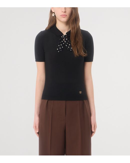Valentino Black Virgin Wool-Blend Necktie Slim Polo Sweater