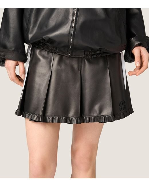 Miu Miu Black Nappa Leather Pleated Mini Skirt