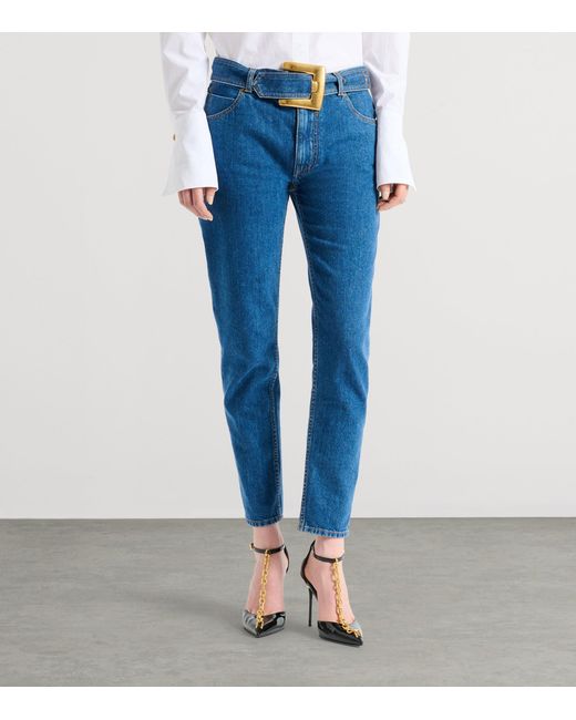 Balmain Blue Belted Mid-Rise Slim Jeans