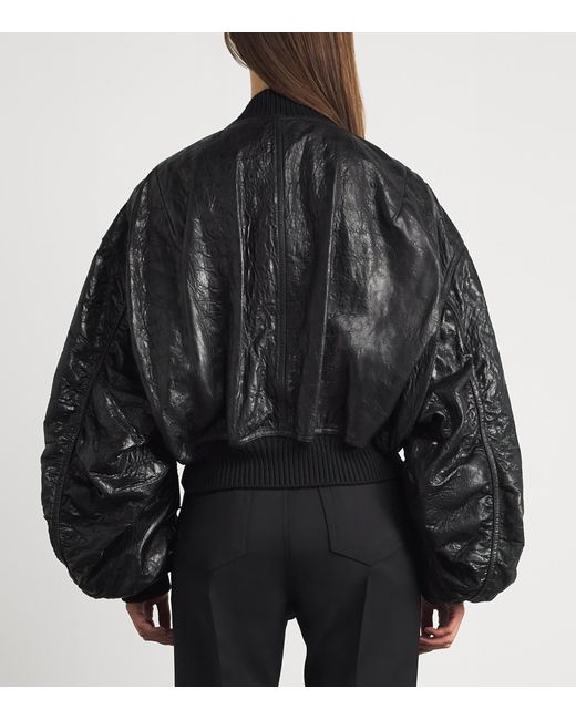 Rick Owens Black Crinkled Leather Bomber Jacket