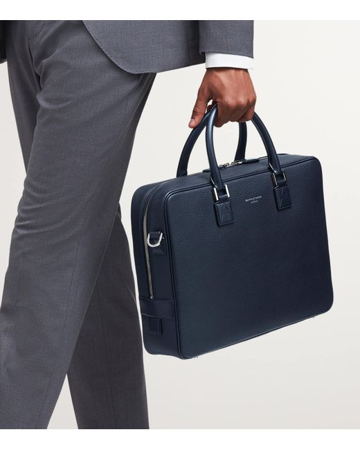 Aspinal Blue Leather Mount Street Briefcase Bag for men