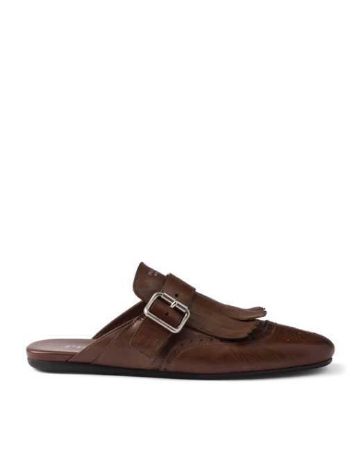 Prada Brown Leather Fringed Shuffle Mules
