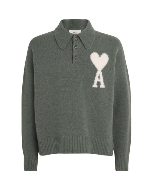 AMI Green Alpaca-Blend Ami De Coeur Polo Sweater for men