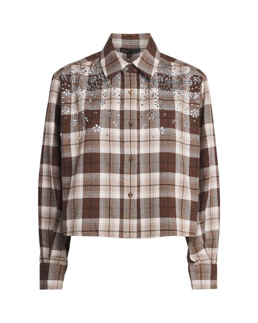 Maje Brown Check Rhinestone-Embellished Shirt