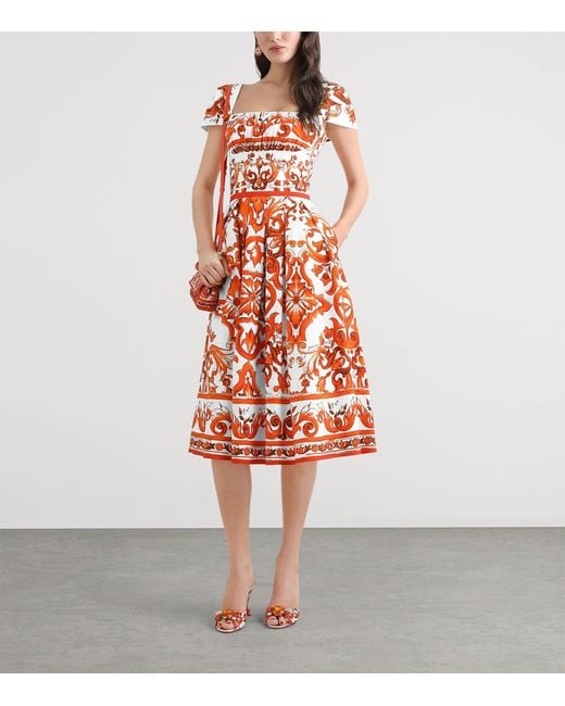 Dolce & Gabbana Red Cotton Majolica Print Midi Dress