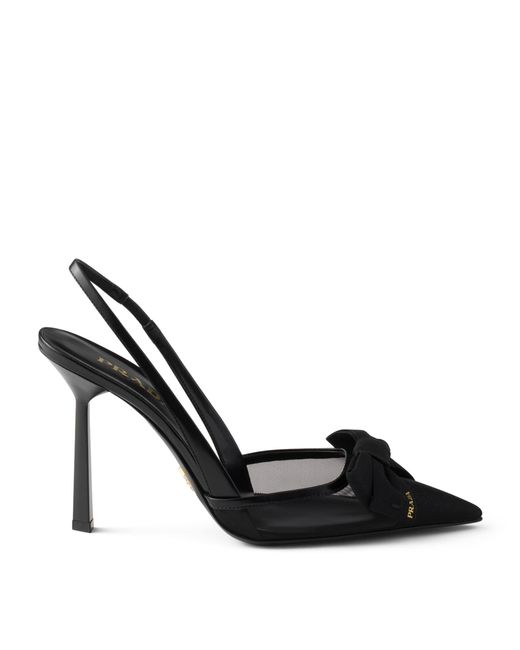 Prada Black Mesh Bow Slingback Heels 100