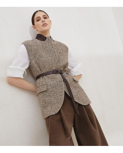 Brunello Cucinelli Gray Virgin Wool-Silk Chevron Belted Vest