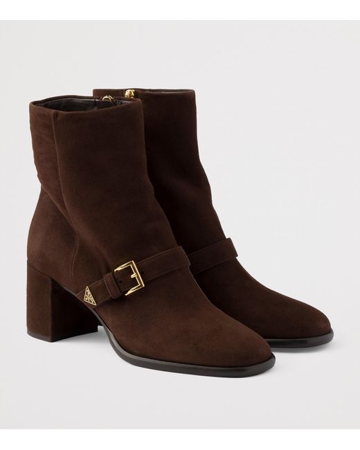 Prada Brown Suede Buckle Booties Ankle Boots 65