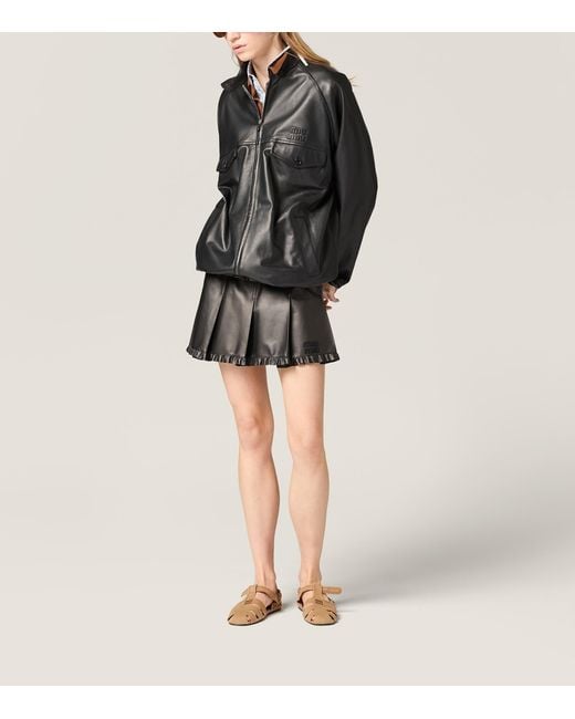 Miu Miu Black Nappa Leather Pleated Mini Skirt