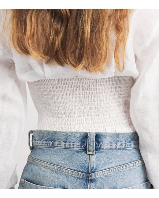 Sandro White Linen-Blend Smocked Shirt
