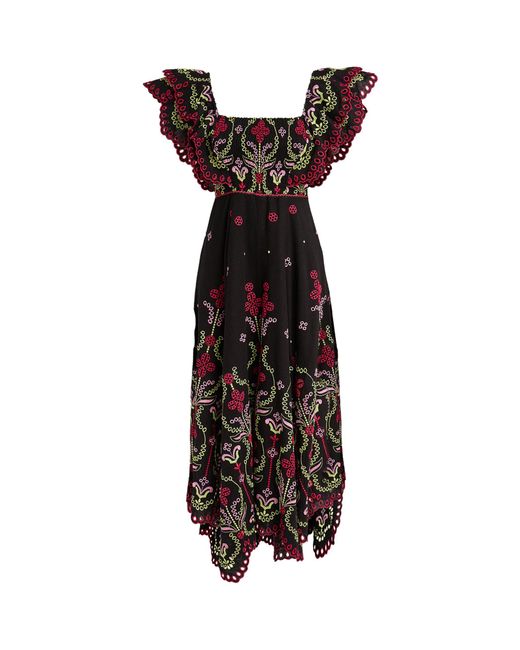 Charo Ruiz Black Ruffle-sleeve Embroidered Midi Dress