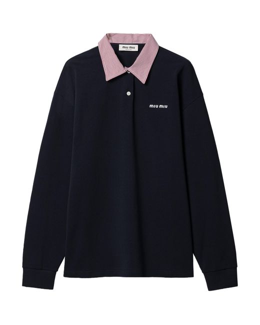 Miu Miu Blue Cotton Contrast Collar Polo Shirt