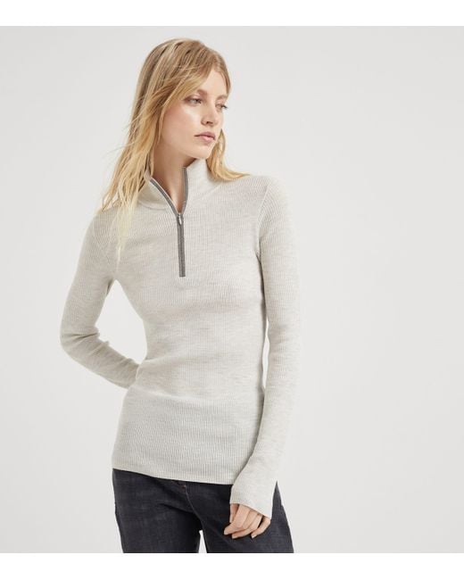 Brunello Cucinelli White Virgin Wool-Cashmere Rib-Knit Sweater