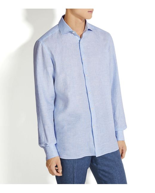 Zegna Blue Oasi Linen Striped Shirt for men