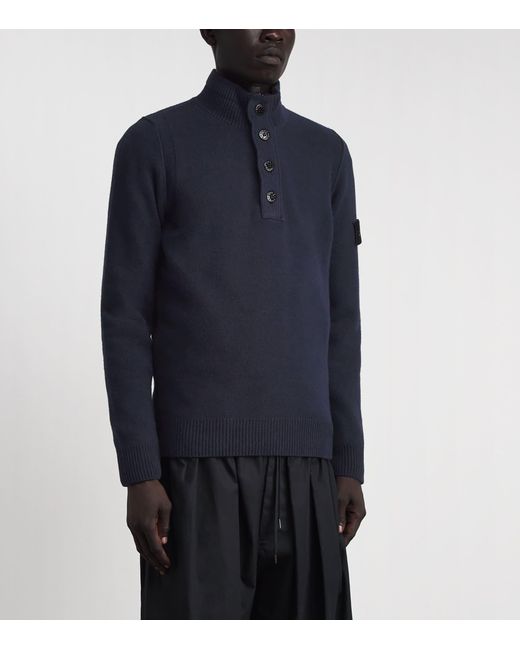 Stone Island Blue Wool-Blend Button-Up Sweater for men