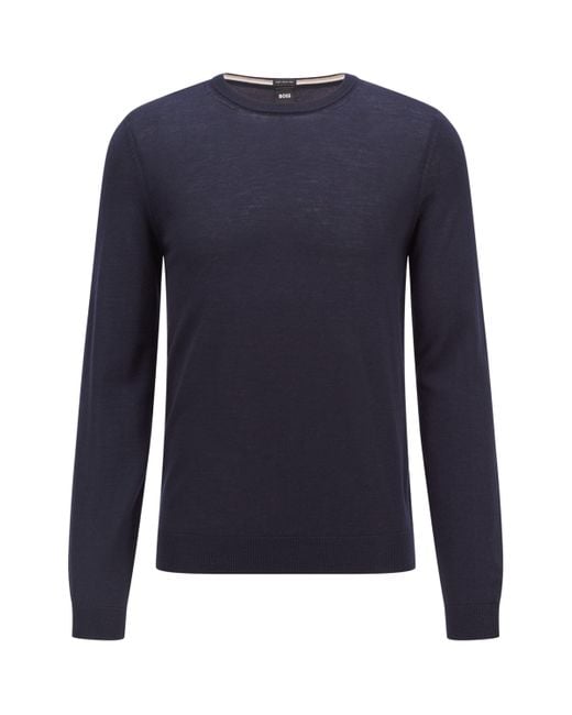 Boss Blue Virgin Wool Crew-Neck Sweater for men