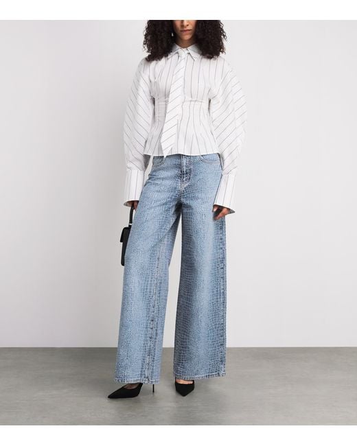 Self-Portrait Blue Croc-Effect Wide-Leg Jeans
