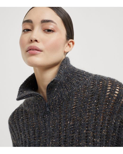 Brunello Cucinelli Black Sequin-Embellished High-Neck Cardigan