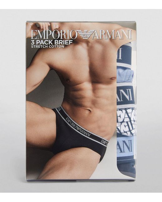 Emporio Armani Blue Stretch-cotton Logo Briefs (pack Of 3) for men