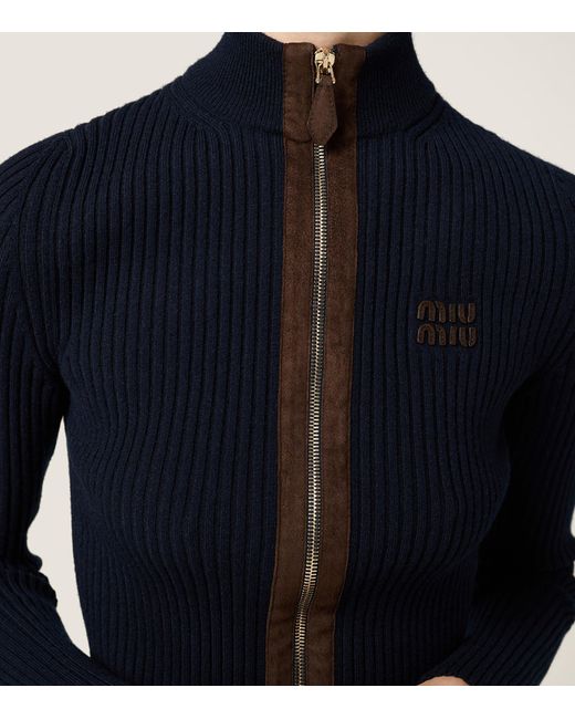 Miu Miu Blue Cashmere-Blend Suede-Trim Cardigan