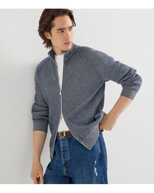Brunello Cucinelli Gray Cashmere Ribbed Zip-Up Cardigan for men