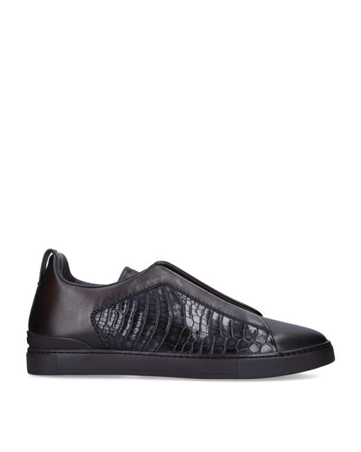 Zegna Blue Crocodile Leather Triple Stitch Sneakers for men