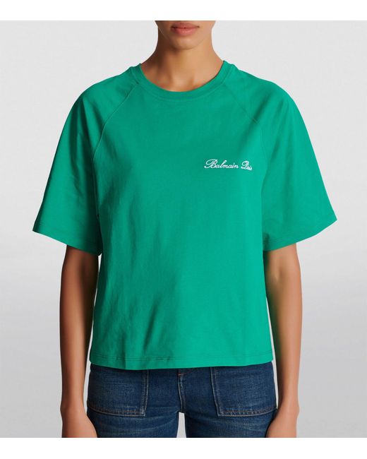 Balmain Green Cropped Logo T-shirt