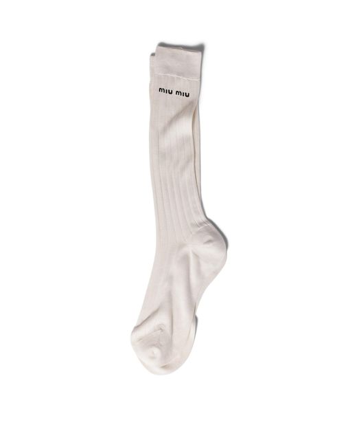 Miu Miu White Silk-Blend Logo Socks