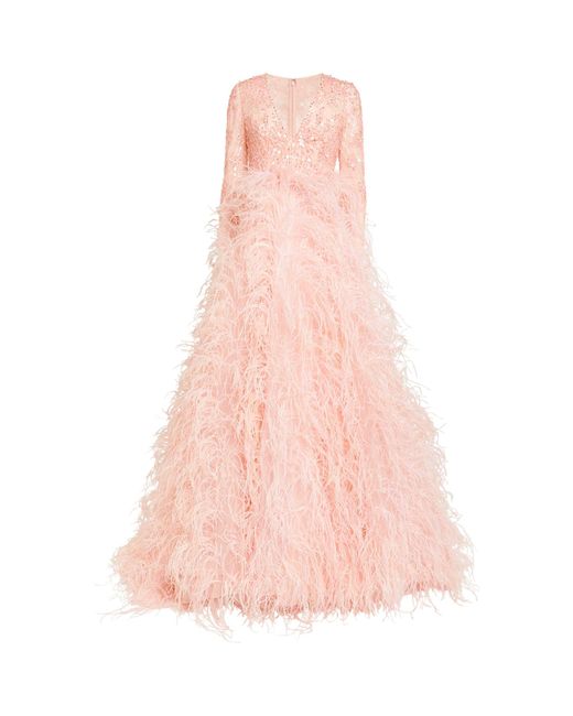Pamella Roland Pink Exclusive Feather-embellished Gown