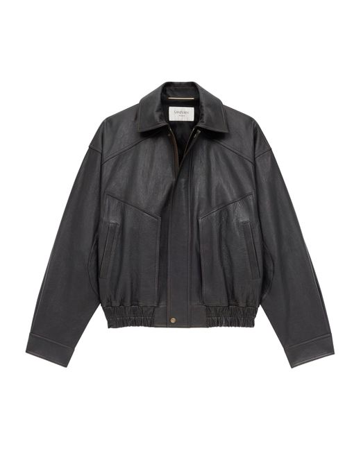 Saint Laurent Gray Leather Bomber Jacket