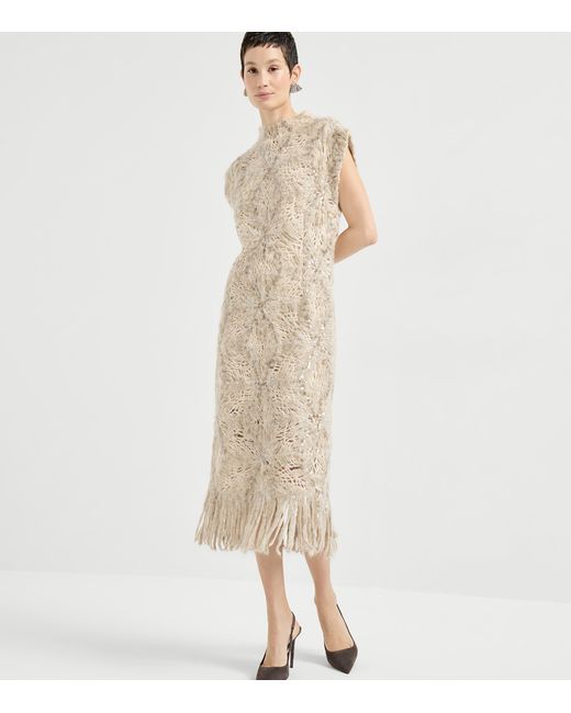 Brunello Cucinelli Natural Mohair-Blend Embellished Midi Dress