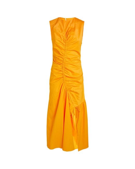 Sandro Yellow Ruched Asymmetric Midi Dress