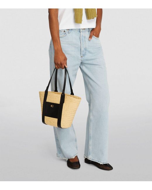 COACH Black Small Straw-leather Basket Bag