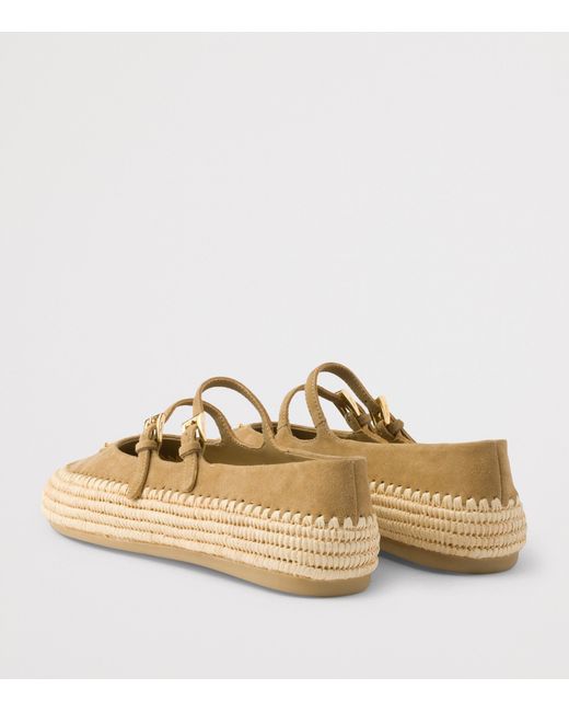 Prada Natural Leather And Raffia Ballet Flats
