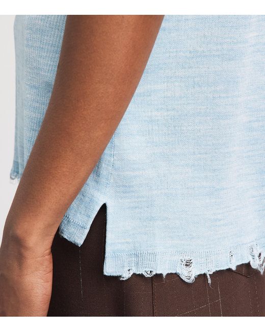 Tory Burch Blue Silk-Blend Distressed Polo Shirt