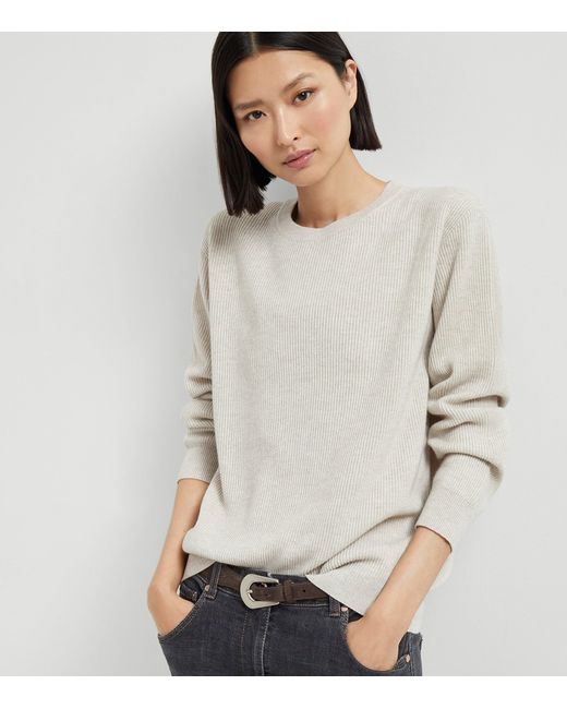 Brunello Cucinelli White Cashmere English Rib Knit Sweater
