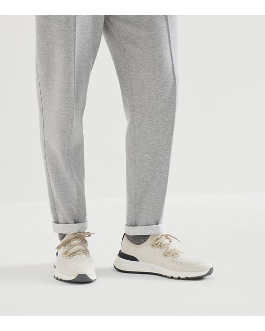 Brunello Cucinelli White Cotton-Blend Chiné-Knit Sneakers for men