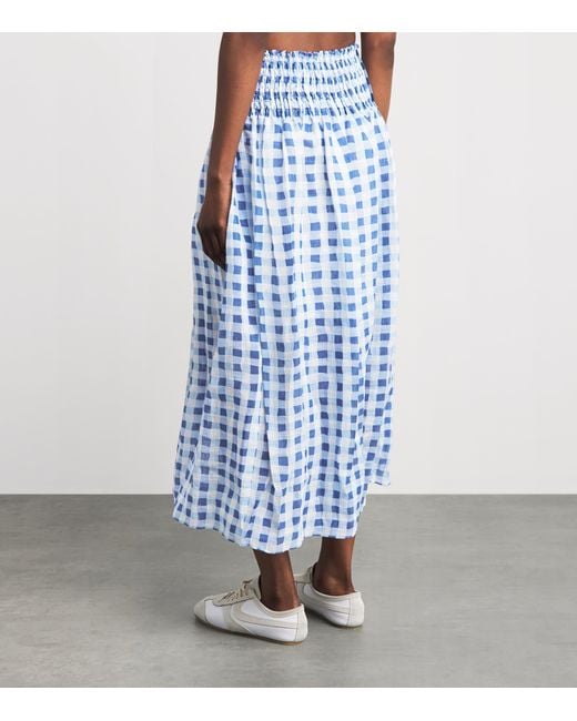 Sandro Blue Linen-Blend Gingham Maxi Skirt