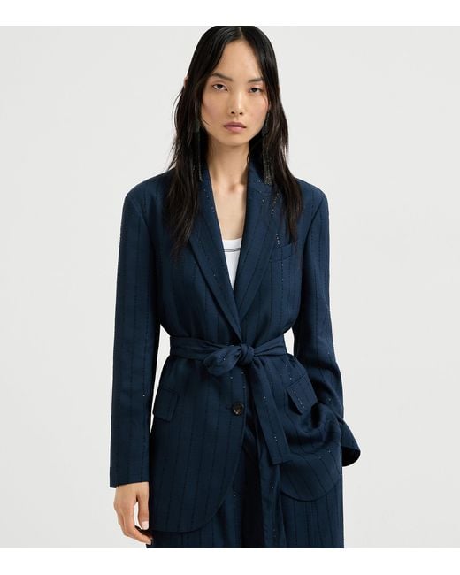Brunello Cucinelli Blue Chalk Stripe Belted Blazer