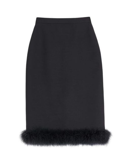 Valentino Black Virgin Wool-Silk-Feather Midi Skirt