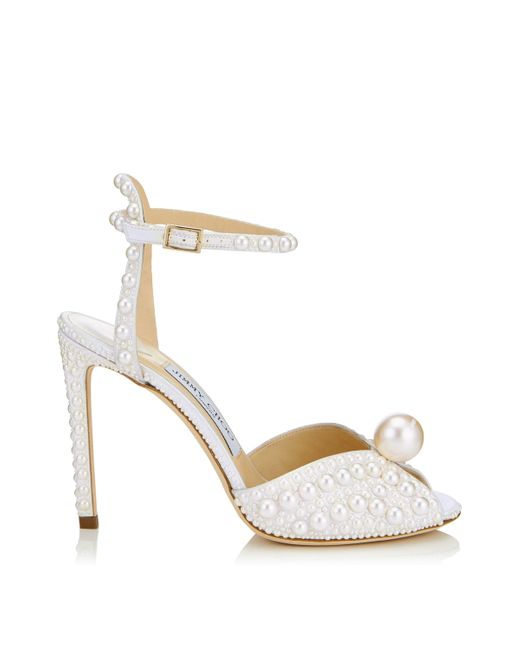 Jimmy Choo White Sacora 100 Satin Pearl Sandals