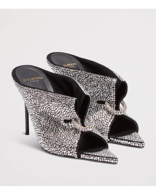 Balmain Gray Leather Rhinestone-Embellished Pierced Heeled Mules 95