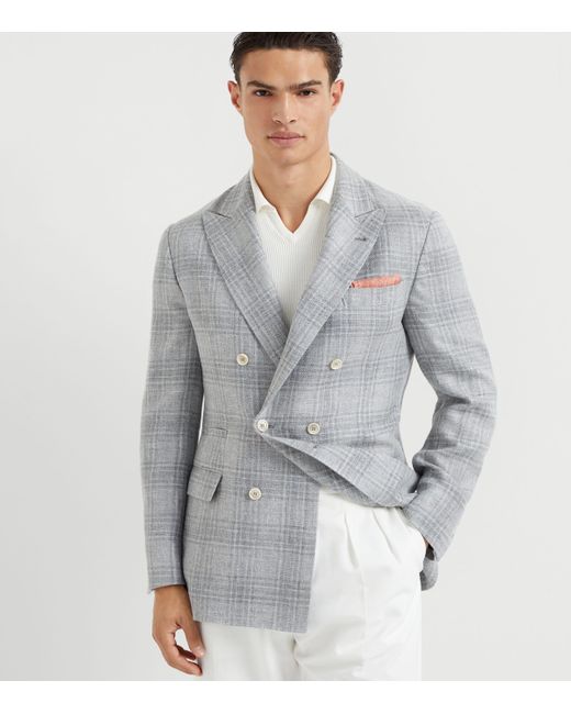 Brunello Cucinelli Gray Linen-Wool-Silk Prince-Of-Wales Blazer