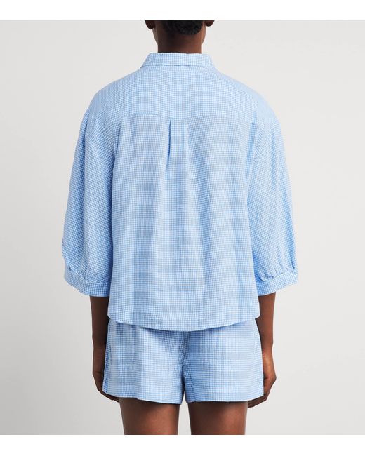 Eberjey Blue Linen-Blend Gingham Pyjama Top